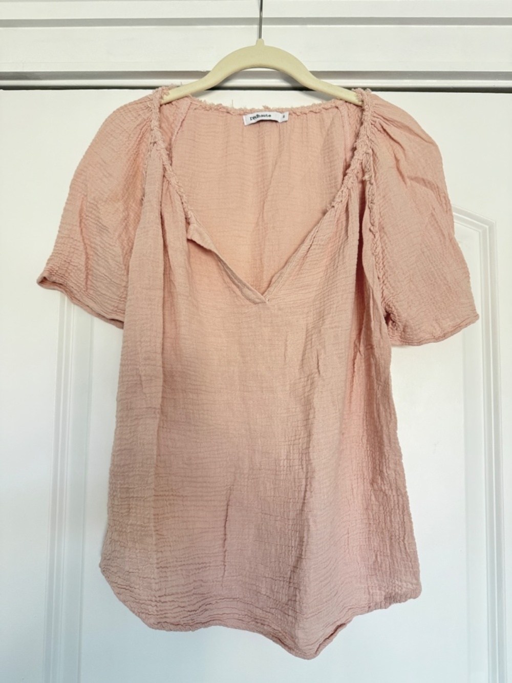Red Haute Gauze Split Neck Short Sleeve Top Blush Size S